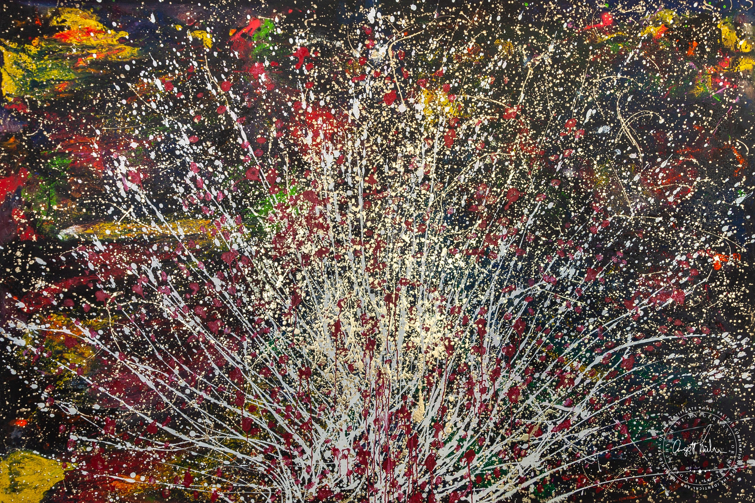 Artwork by Ingolf Kühn Nocturnal Fireworks Art-No 11011 acrylic on dibond 305x205 2018